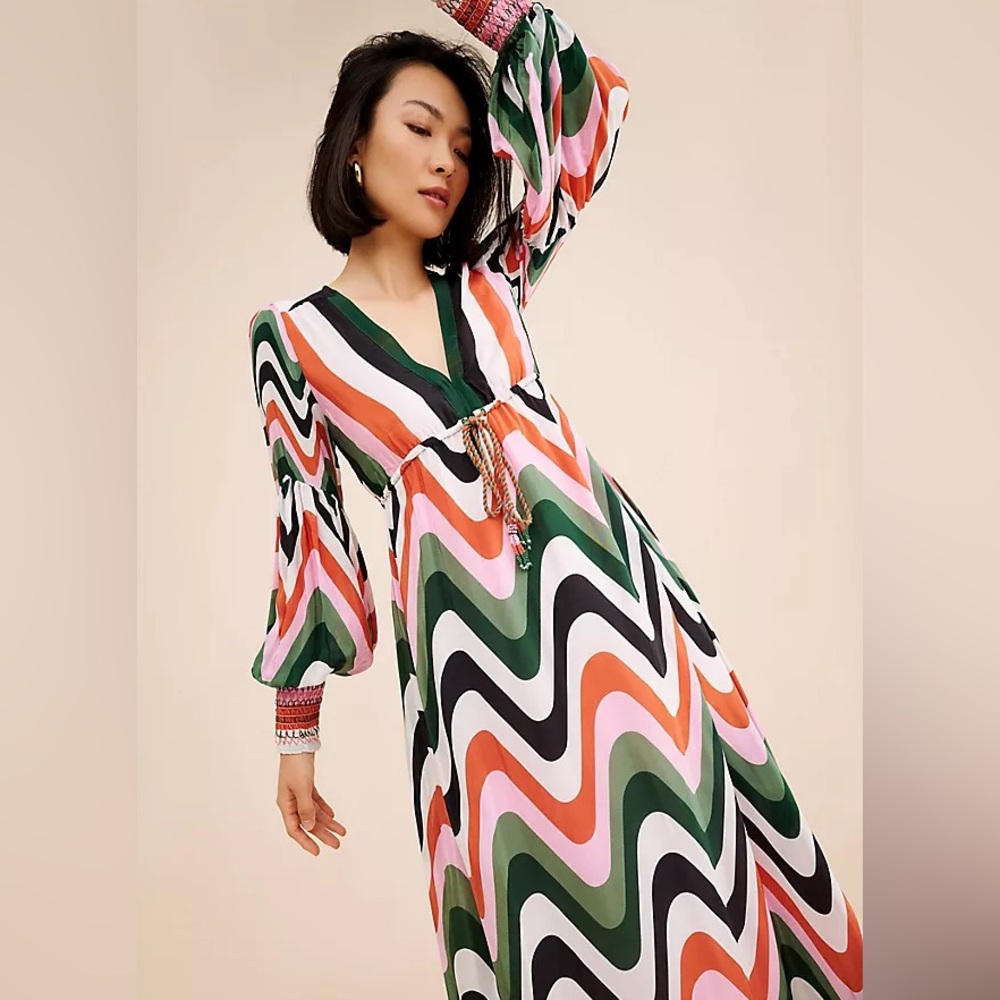 Farm Rio Wave Gradient Long Sleeve Chevron Maxi Dress beaded SMALL